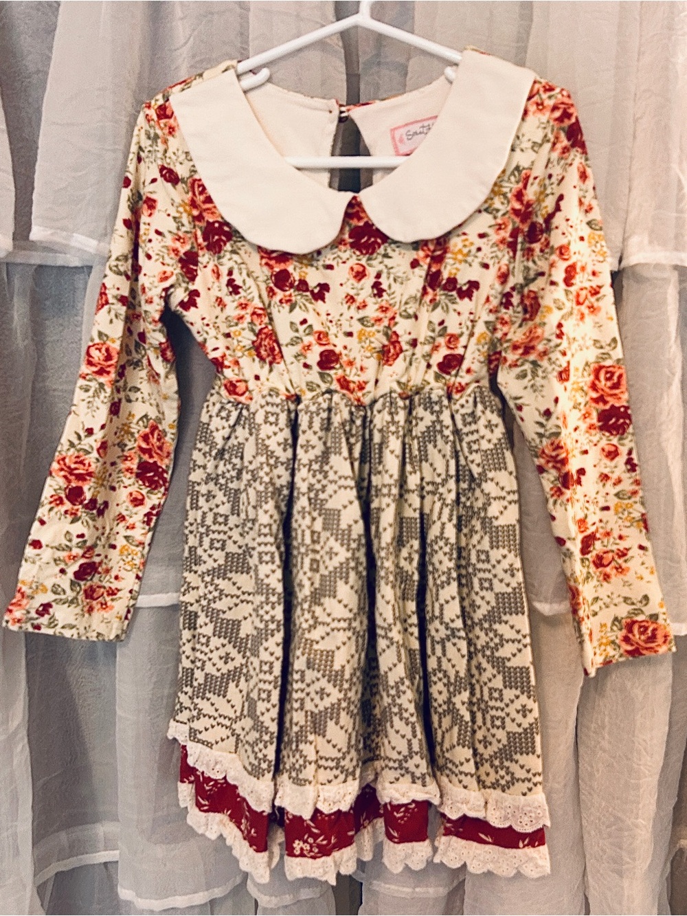 SweetHoney Clothing Christmas Tunic with Peter Pan Collar- Cream & Red Florals